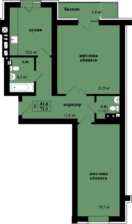 2-комнатная 71.1 м² в ЖК на ул. Русская, 237 от застройщика, Черновцы