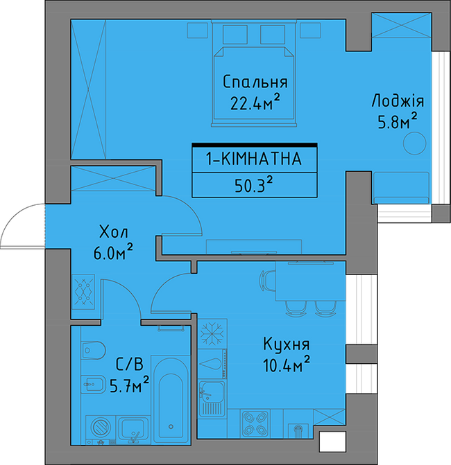 1-комнатная 50.3 м² в ЖД Липинський+ от застройщика, с. Липины