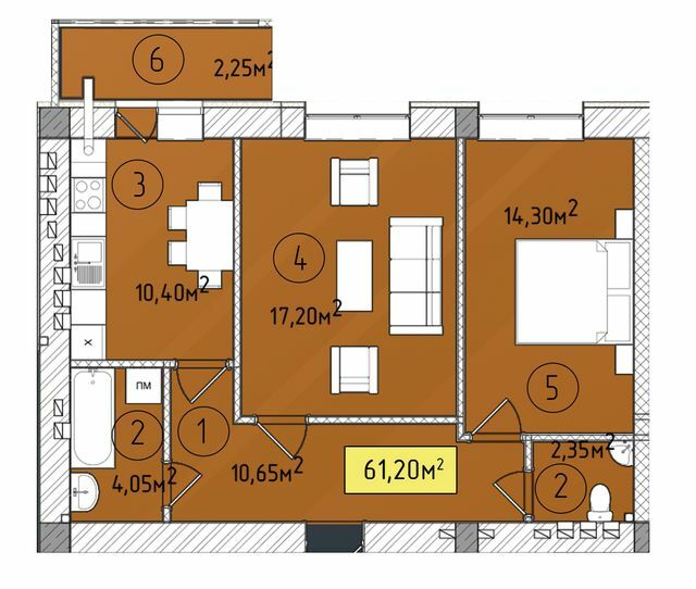 2-кімнатна 61.2 м² в ЖК Modern від 19 700 грн/м², Ужгород
