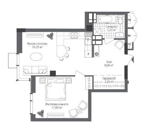 1-кімнатна 58.74 м² в ЖК RiverStone від 49 700 грн/м², Київ