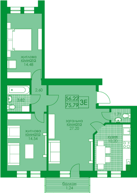 3-кімнатна 75.79 м² в ЖК Київський від 19 500 грн/м², м. Буча