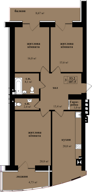 3-кімнатна 107.5 м² в ЖК на вул. Героїв Майдану, 150 від 20 650 грн/м², Чернівці