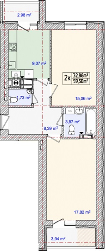 2-кімнатна 59.5 м² в ЖК Золотий ключик від забудовника, с. Тарасівка