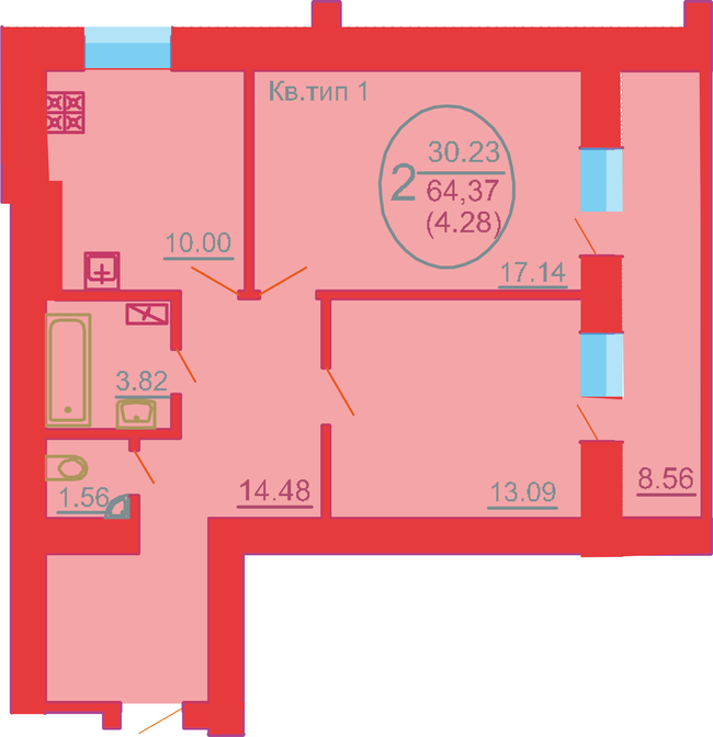 2-комнатная 64.37 м² в ЖК София Киевская от 14 700 грн/м², с. Софиевская Борщаговка