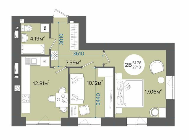 2-комнатная 51.76 м² в ЖК Wonderwood от застройщика, г. Буча