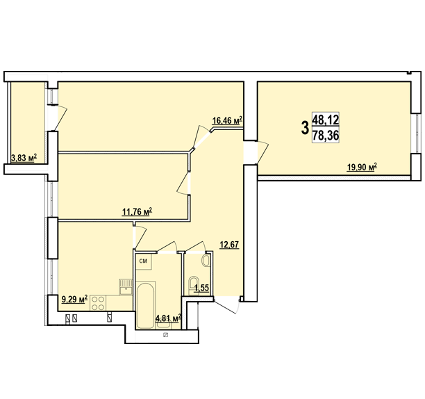 3-комнатная 78.36 м² в ЖК Мира-3 от 9 500 грн/м², Харьков