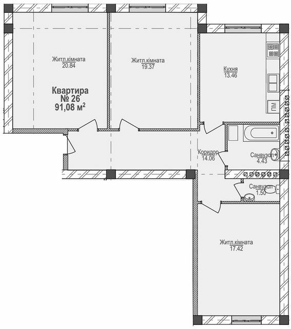 3-кімнатна 91.08 м² в ЖК Парковий від 12 400 грн/м², Ужгород