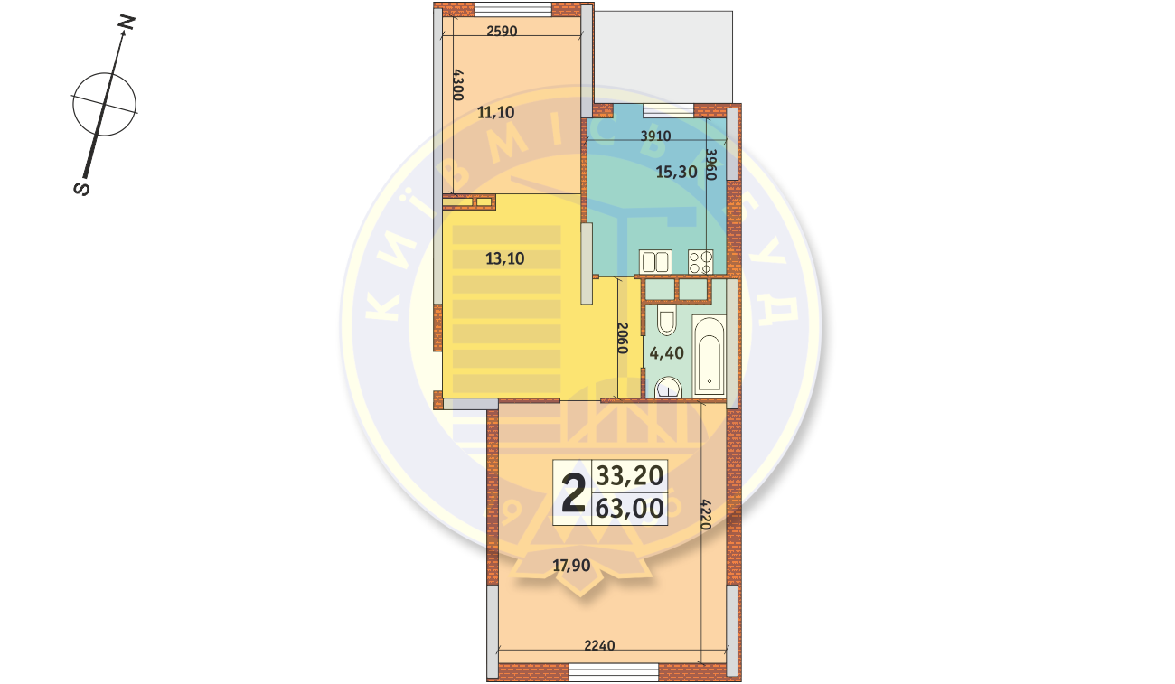 2-комнатная 63 м² в ЖК Новомостицко-Замковецкий от застройщика, Киев