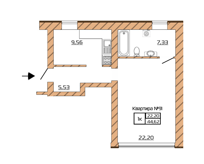 1-комнатная 44.62 м² в КД Corner от застройщика, Киев