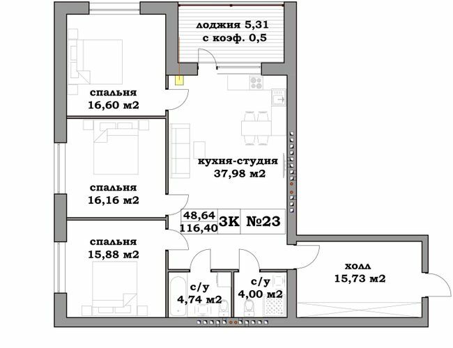 3-кімнатна 116.4 м² в ЖК Клеменова Дача від забудовника, Харків