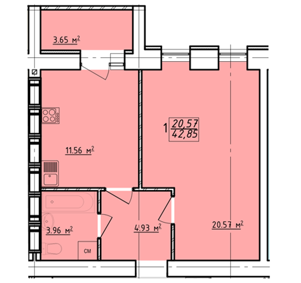 1-кімнатна 42.85 м² в ЖК Левада від забудовника, Харків