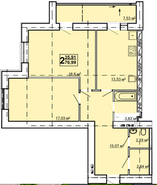 2-кімнатна 76.99 м² в ЖК Луч від 13 200 грн/м², Харків
