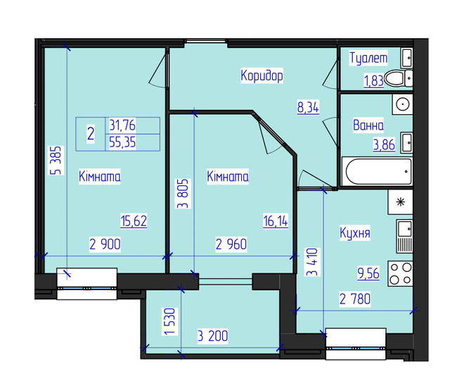 2-кімнатна 55.35 м² в ЖК Олімпійський від 17 500 грн/м², Харків