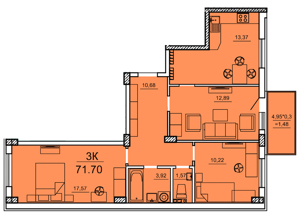 3-кімнатна 71.7 м² в ЖК Олексіївський від 18 050 грн/м², Одеса