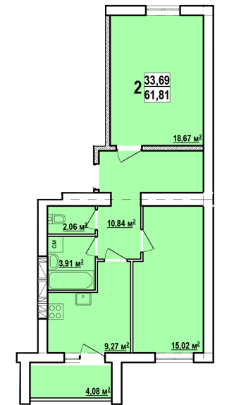 2-кімнатна 61.81 м² в ЖК Райдужний від забудовника, Харків