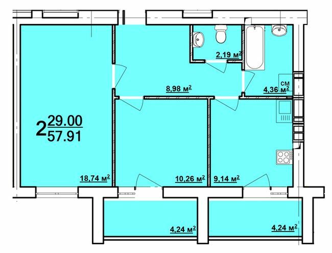 2-кімнатна 57.91 м² в ЖК Райдужний від забудовника, Харків
