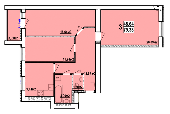 3-комнатная 78.38 м² в ЖК Радужный от застройщика, Харьков
