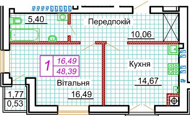 1-комнатная 48.39 м² в ЖК Симейна фортеця. Щастя от застройщика, с. Струмовка