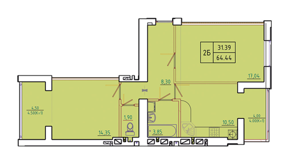 2-комнатная 64.44 м² в ЖК Домашний от 13 500 грн/м², Житомир