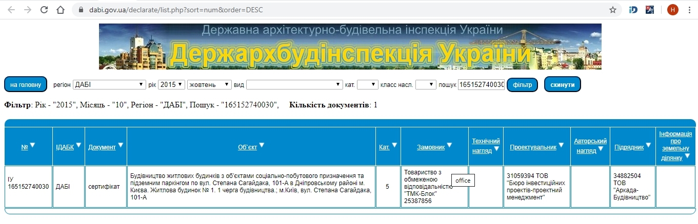 Сертифікат про готовність Дом 1, секция 1, ЖК Кассіопея
