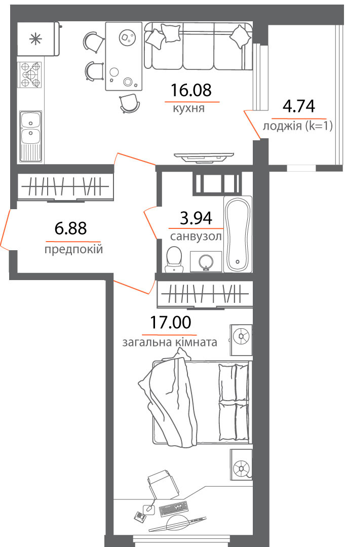 1-комнатная 48.64 м² в ЖК Welcome Home на Стеценко от 28 000 грн/м², Киев