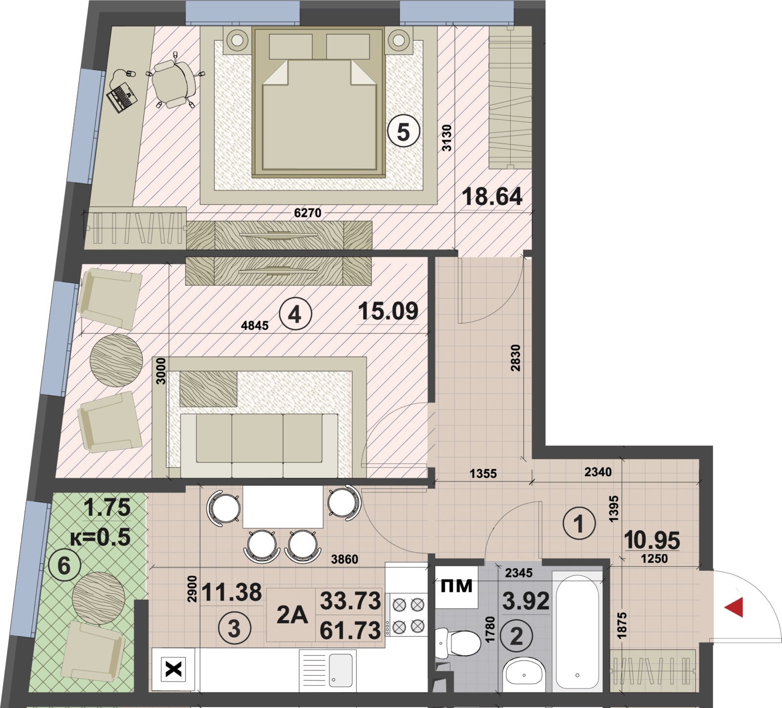 2-комнатная 61.73 м² в ЖК Paradise Avenue от застройщика, с. Крюковщина