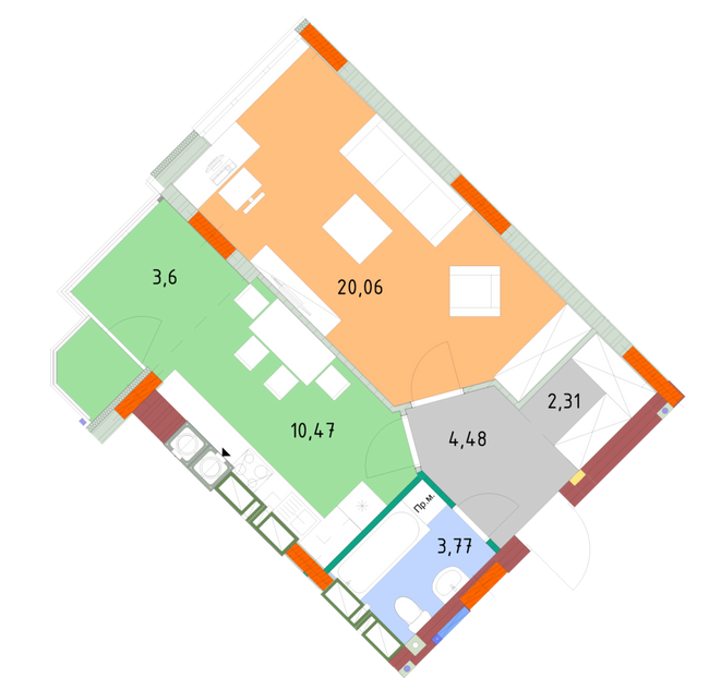 1-комнатная 44.68 м² в ЖК На Прорезной от застройщика, пгт Гостомель