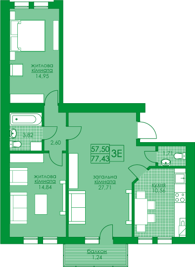 3-кімнатна 77.43 м² в ЖК Київський від 15 200 грн/м², м. Буча