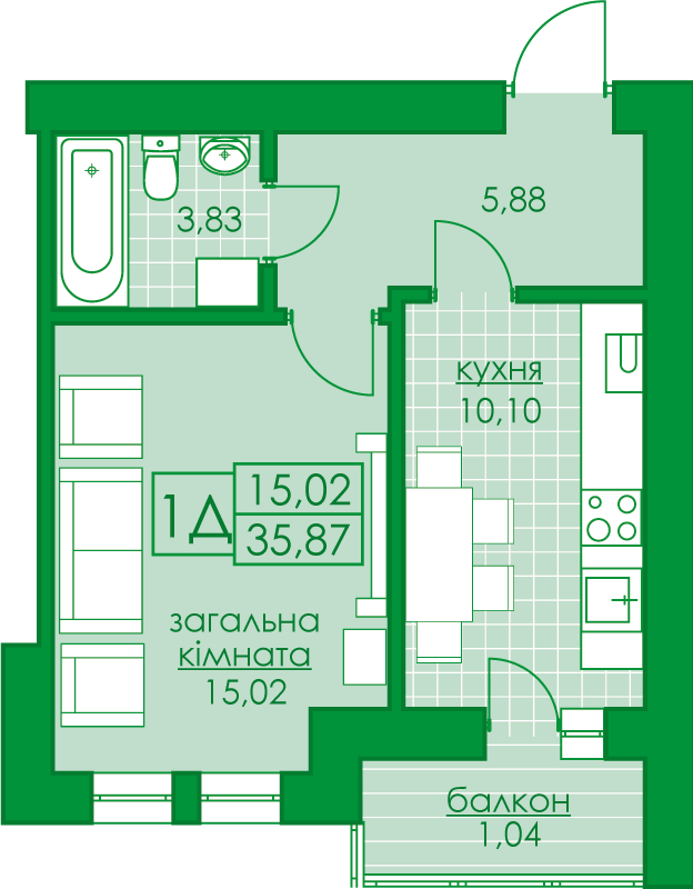 1-кімнатна 35.87 м² в ЖК Київський від 18 500 грн/м², м. Буча