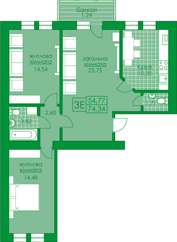 3-кімнатна 74.34 м² в ЖК Київський від 19 500 грн/м², м. Буча