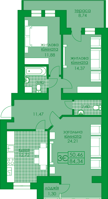 3-кімнатна 84.34 м² в ЖК Київський від 19 500 грн/м², м. Буча