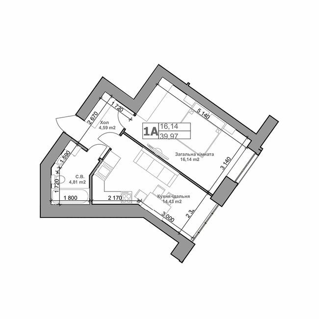 1-комнатная 39.97 м² в ЖК Родной от 23 000 грн/м², с. Гатное