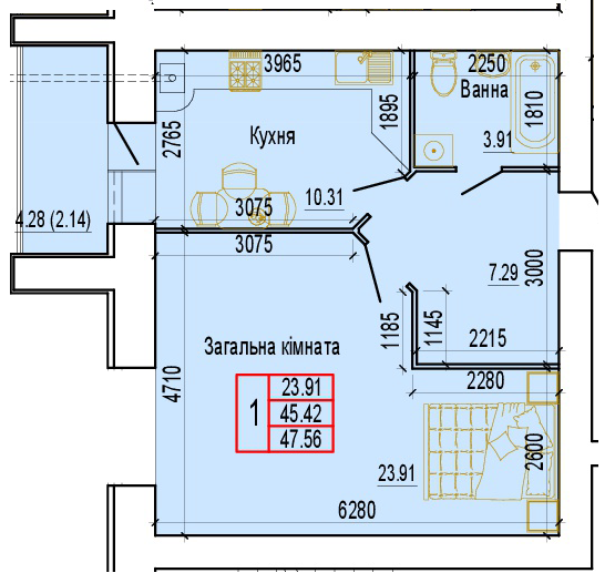 1-кімнатна 46.56 м² в ЖК Еверест від 14 000 грн/м², Суми