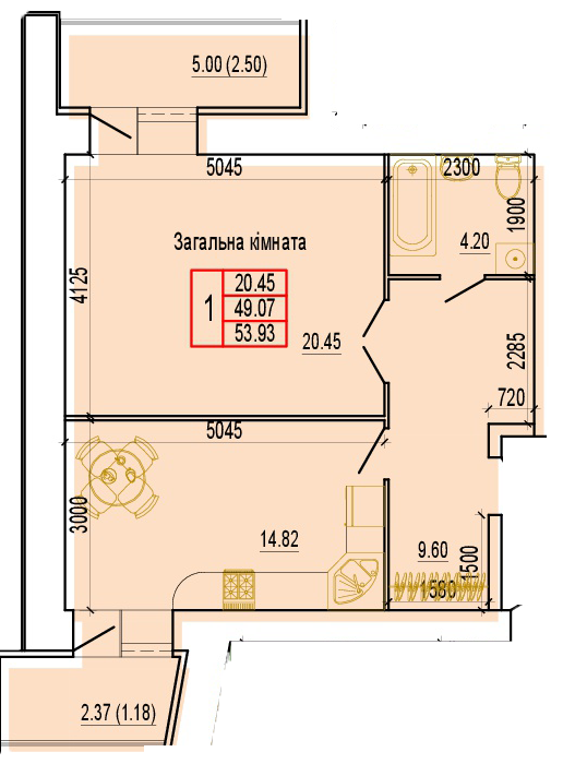 1-кімнатна 53.93 м² в ЖК Еверест від 14 000 грн/м², Суми