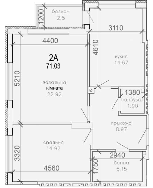 2-комнатная 71.03 м² в КД Солнечный от застройщика, Сумы