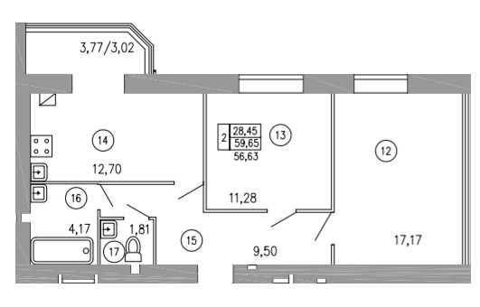 2-комнатная 59.65 м² в ЖК Уютный от застройщика, Хмельницкий