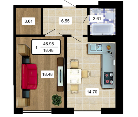 1-комнатная 46.95 м² в ЖК Paradise от 18 300 грн/м², Хмельницкий