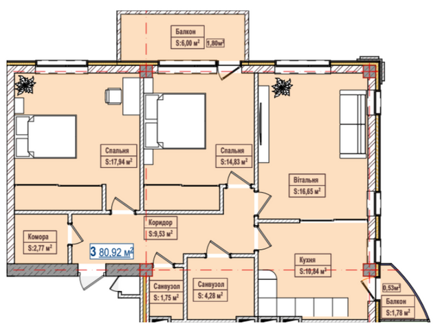 3-кімнатна 80.92 м² в ЖК Олександрівськ від забудовника, Запоріжжя