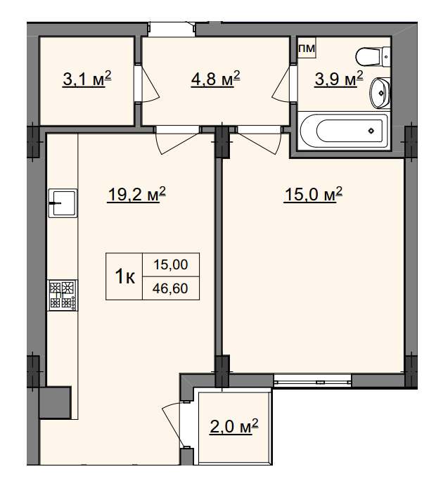 1-комнатная 46.6 м² в ЖК Фортеця от 24 350 грн/м², г. Каменец-Подольский