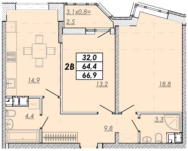 2-кімнатна 66.9 м² в ЖК Прохоровський квартал від 19 800 грн/м², Одеса