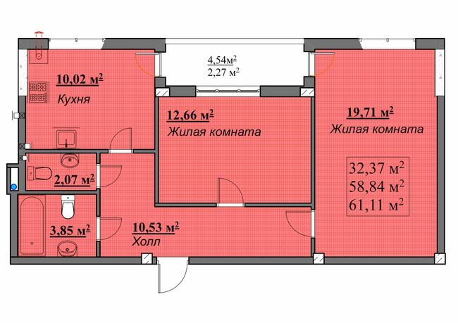 2-комнатная 61.11 м² в ЖК Мариинский от застройщика, пгт Великодолинское