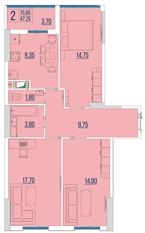 3-кімнатна 75.65 м² в ЖК Бульвар Акацій від 22 300 грн/м², Одеса