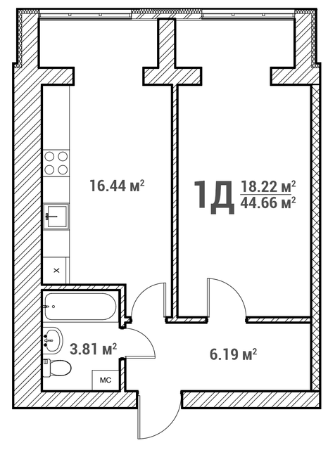 1-комнатная 44.66 м² в ЖК Молодежный городок от 16 000 грн/м², с. Крюковщина