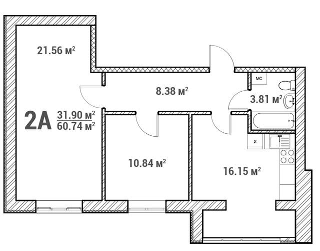 2-кімнатна 60.74 м² в ЖК Молодіжне містечко від 14 500 грн/м², с. Крюківщина