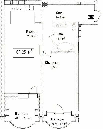 1-кімнатна 69.25 м² в КБ Воронцовський від забудовника, Одеса