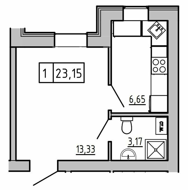 1-кімнатна 23.15 м² в ЖК KEKS від 19 600 грн/м², смт Авангард