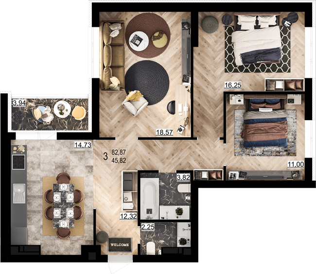 3-комнатная 82.87 м² в ЖК Парковый квартал «Город цветов» от 28 000 грн/м², Киев