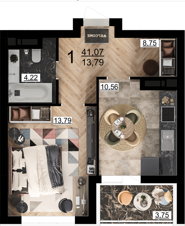 1-комнатная 41.07 м² в ЖК Парковый квартал «Город цветов» от 33 500 грн/м², Киев