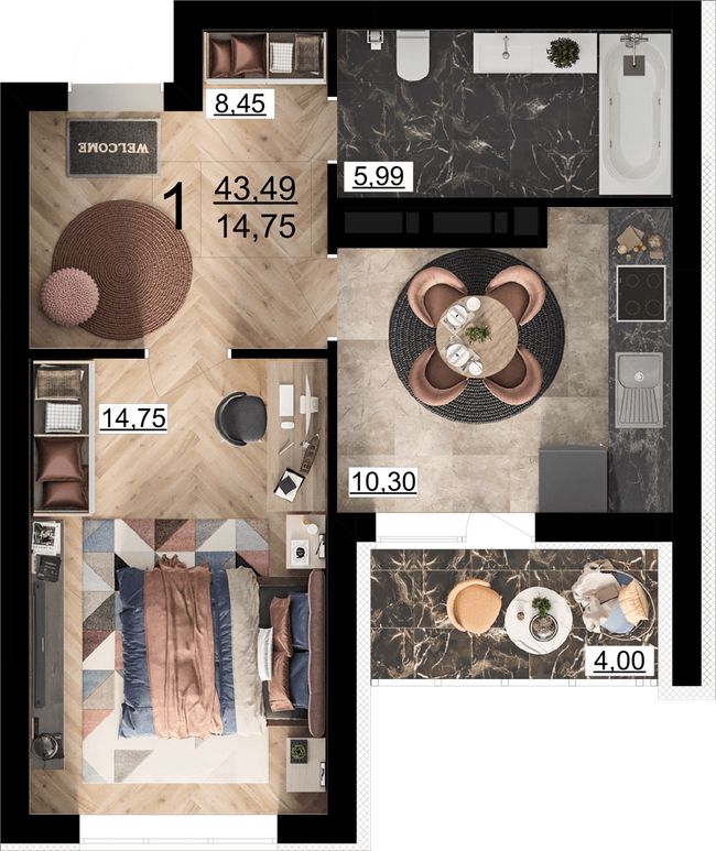 1-комнатная 43.49 м² в ЖК Парковый квартал «Город цветов» от 33 500 грн/м², Киев
