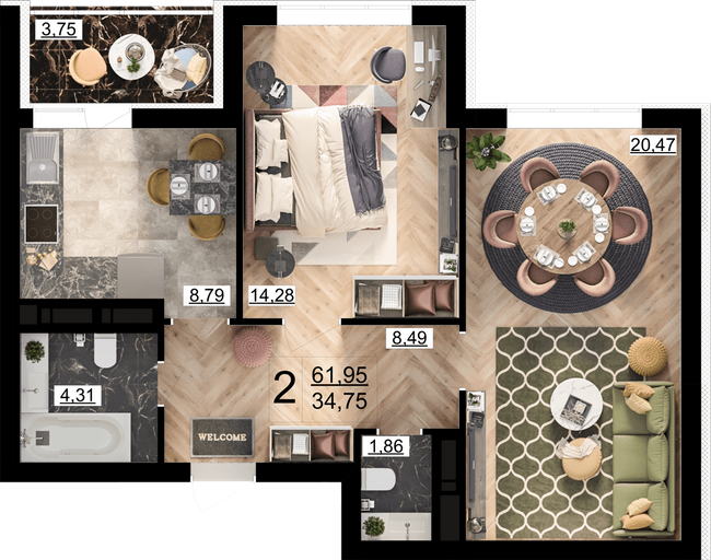 2-комнатная 61.95 м² в ЖК Парковый квартал «Город цветов» от 22 100 грн/м², Киев